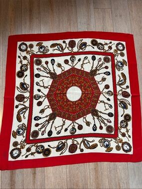 Hermes Red and Cream Vintage-Style Medallion Silk Scarf made in France